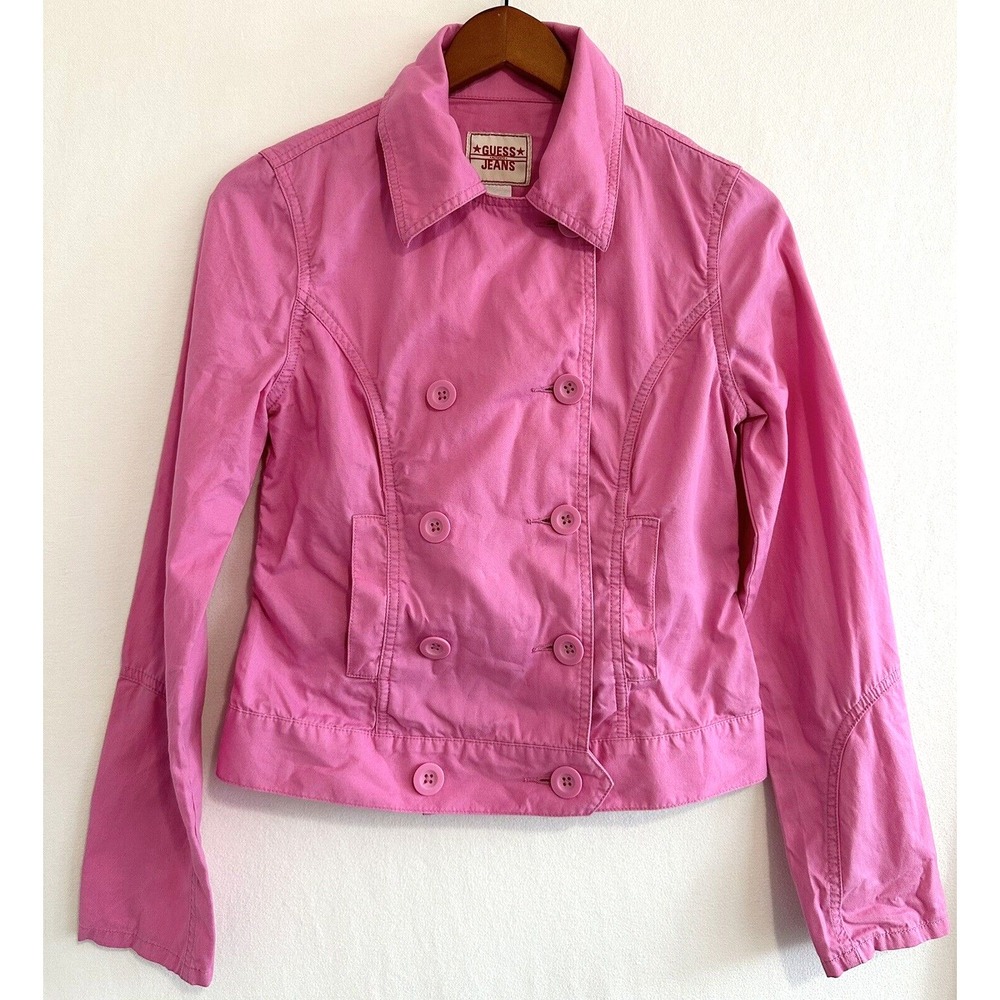 Guess Jeans Jacket Women Size S Pink Double Breasted Long Sleeve 100% Cotton